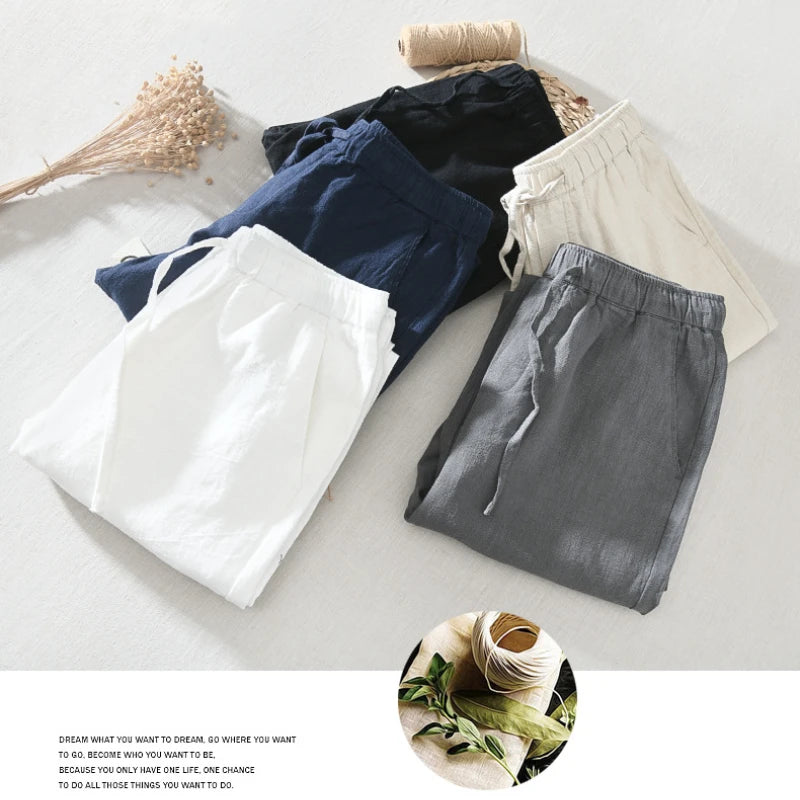 Summer New Casual Linen Ankle-length Pants for Men Clothing Simple Drawstring Thin Streetwear Oversize BL8226