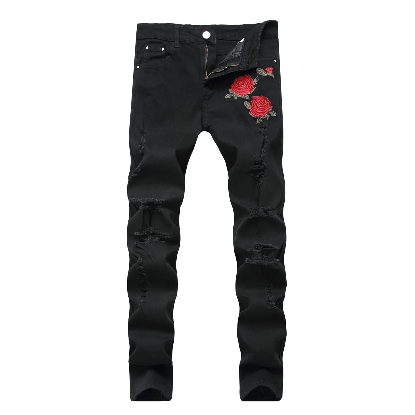 Men's Casual Denim Jeans with Embroidered Roses