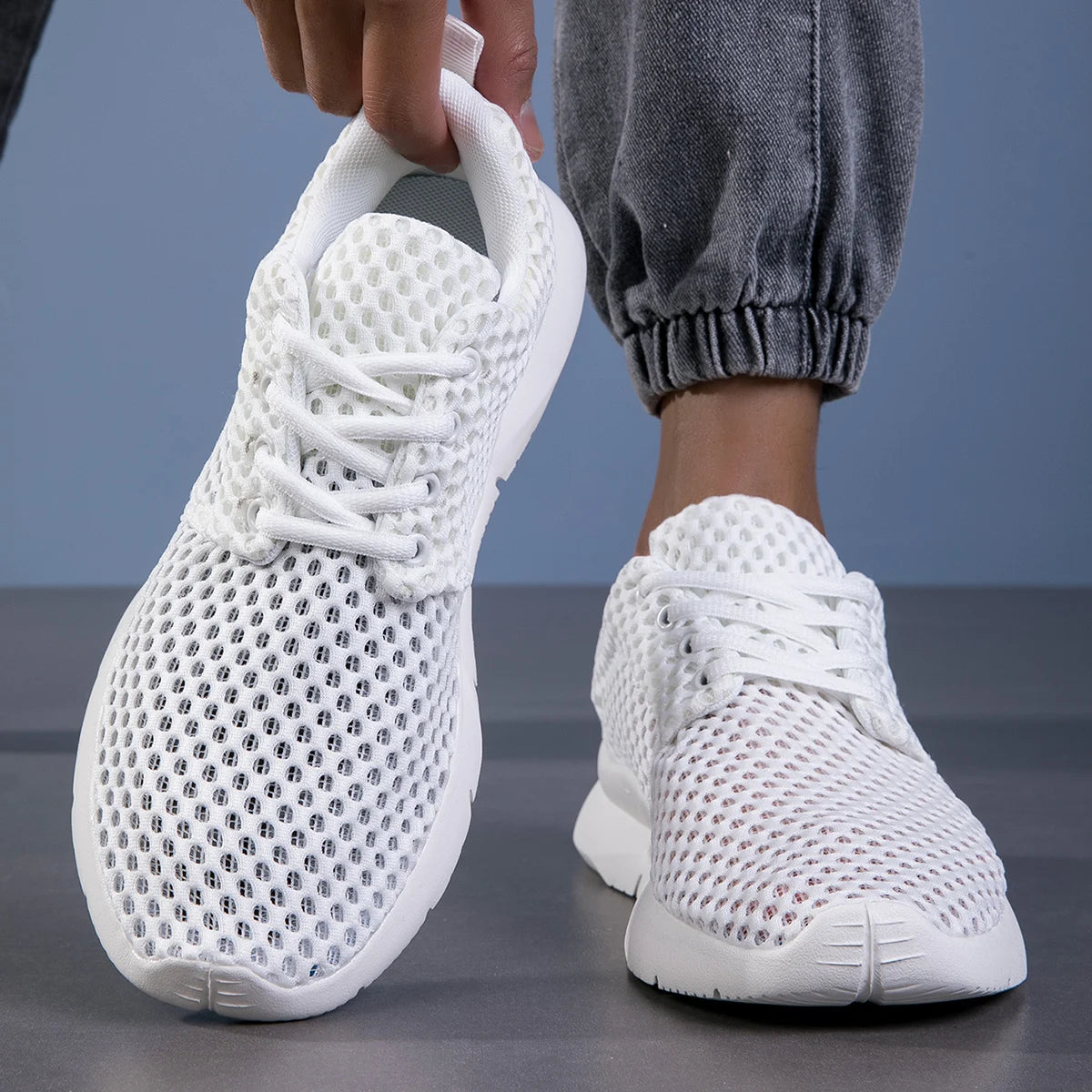 Men's White Mesh Lightweight Casual Sneakers for Hiking