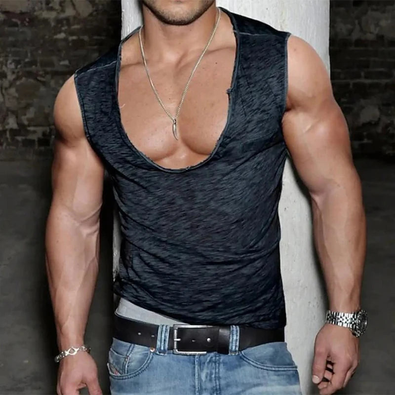 Training Muscles Mens Tank Tops Gyms Sports Fitness Sleeveless Deep O Neck Camisoles 2025 Summer Fashion Men's Solid Color Vest
