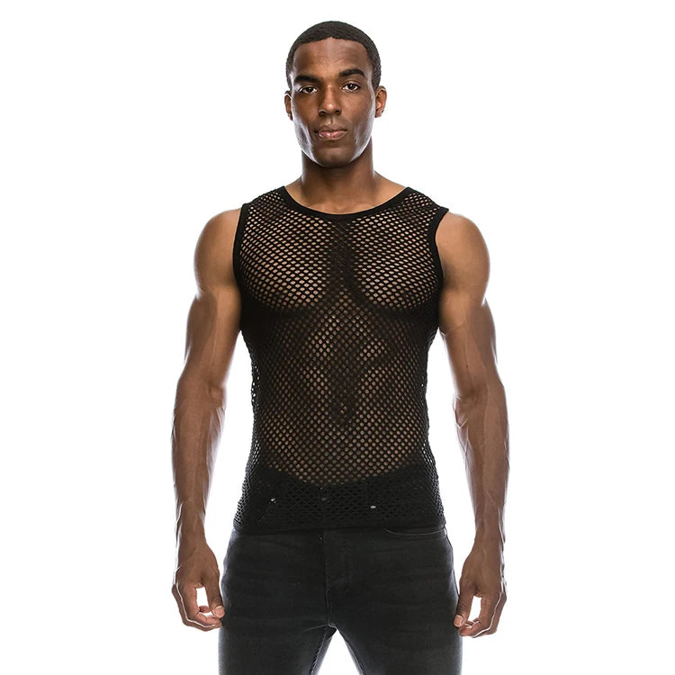 Mens Transparent Sexy Mesh T Shirt  New See Through  Fishnet Long Sleeve Muscle Undershirts Nightclub Party Perform Top Tees