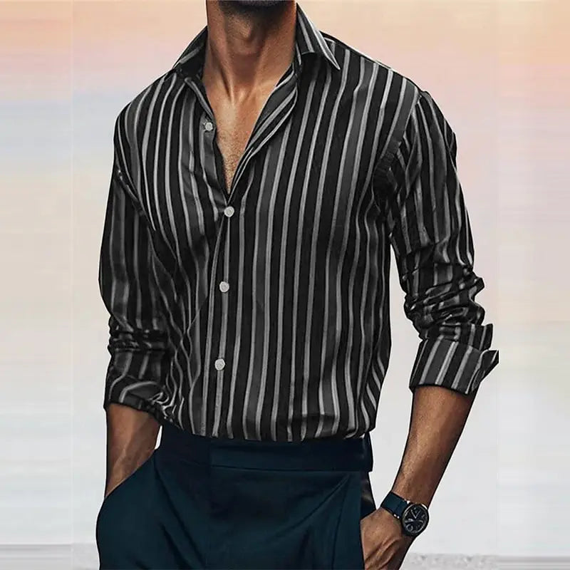 Men's Casual Long Sleeved Striped Shirt in Polyester