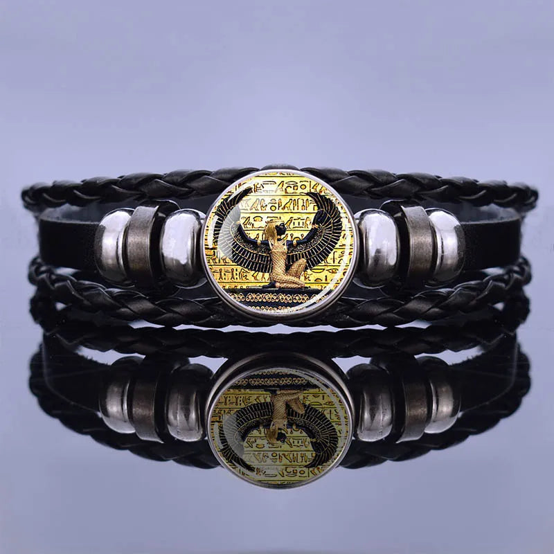 Egyptian Ankh Cross Punk Bracelet Vintage Ancient Egypt Anubis Scarab Goddess Woven Multilayer Bracelets Jewelry Gift