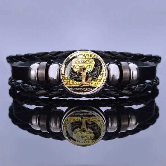 Egyptian Ankh Cross Punk Bracelet Vintage Ancient Egypt Anubis Scarab Goddess Woven Multilayer Bracelets Jewelry Gift
