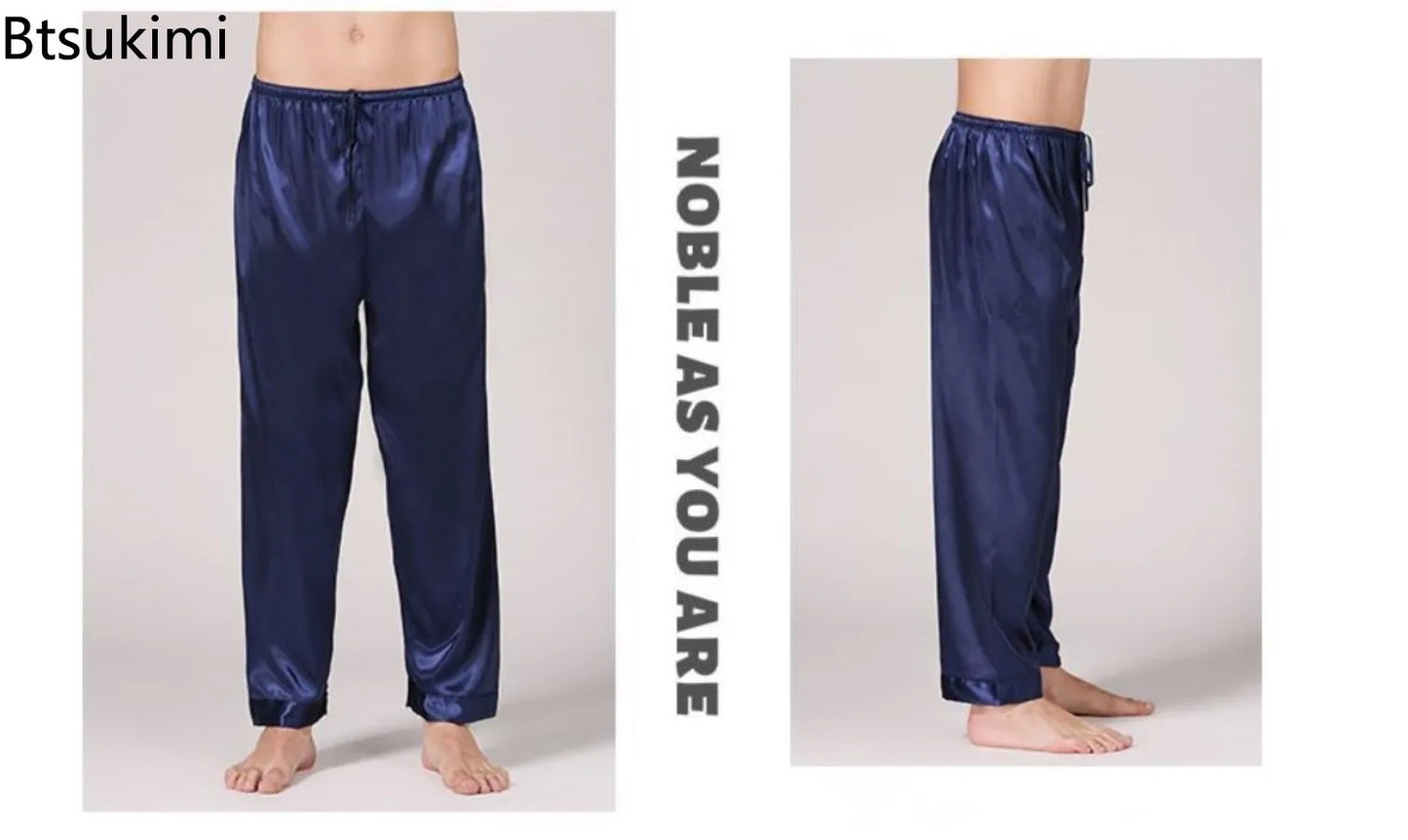 Summer New Men Sleep Bottoms Trousers Fashion Satin Sleepwear Male Ice Silk Pajamas Long Pants Solid Color Comfortable Homewear