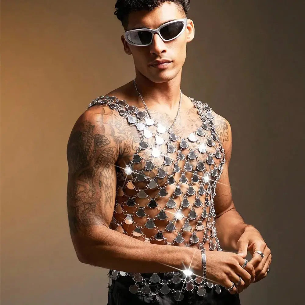Men's Tops For Party Acrylic Shiny Mirror Vests Nightclub Top Trendy Laser Reflective Outfit Sexy Sleeveless Vests