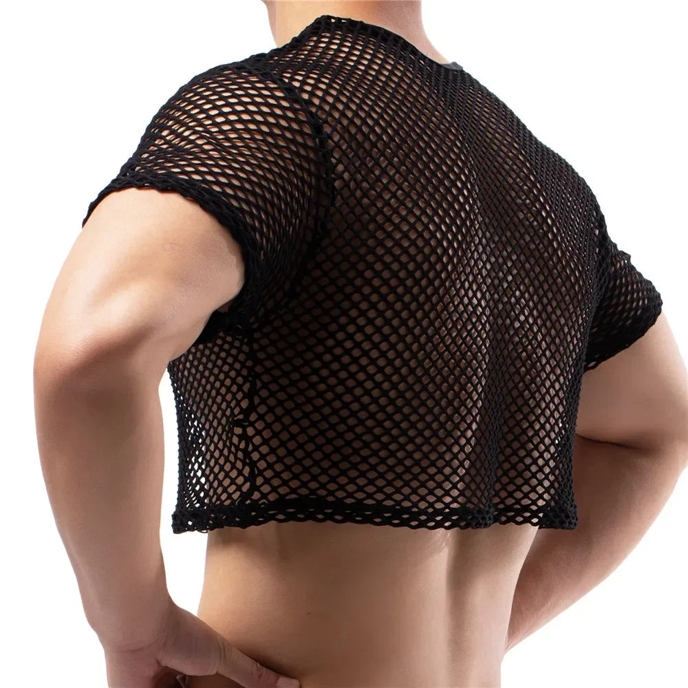 Sexy Mens Undershirts Short Sleeve Transparent Mesh Crop Tops Fishnet Hollow Out T Shirts Sport Nightclub Muscle Sheer Tees Tops