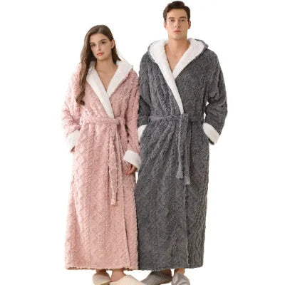 New Winter Flannel Hooded Men Long Robe Lounge Wear Thicken Warm Coral Fleece Male Sleepwear Kimono Bathribe Gown Loose Homewear