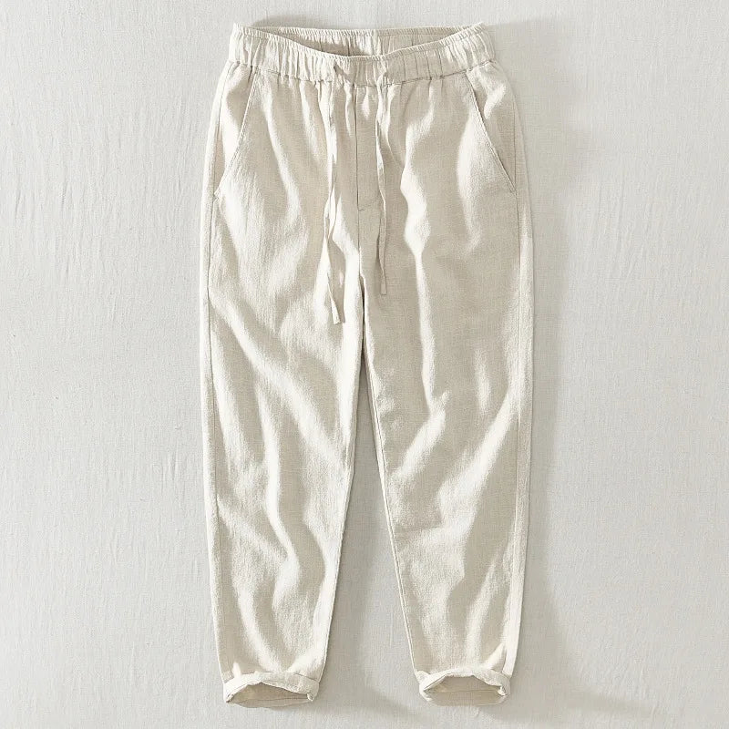 Summer New Casual Linen Ankle-length Pants for Men Clothing Simple Drawstring Thin Streetwear Oversize BL8226