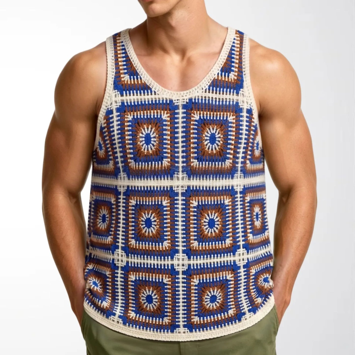 New Summer Men Sexy Mesh Tank Tops Transparent Fishnet Tops Male Vintage Knitted Sleeveless Tops Hollow Out Sports Fitness Tees