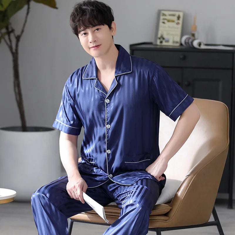 Summer Striped Men Sleepwear Suits Silk Mens Pajamas Turn-down Collar Cardigan Short Sleeve Long Pants Male Pyjamas