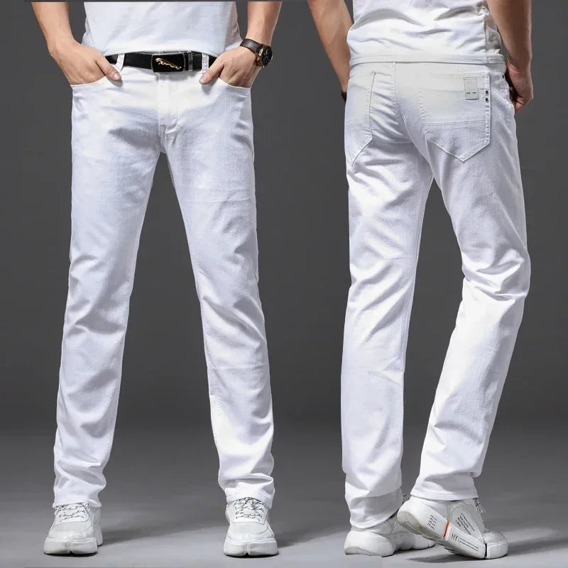 Men's Slim White Jeans Casual Trousers for Spring and Autumn