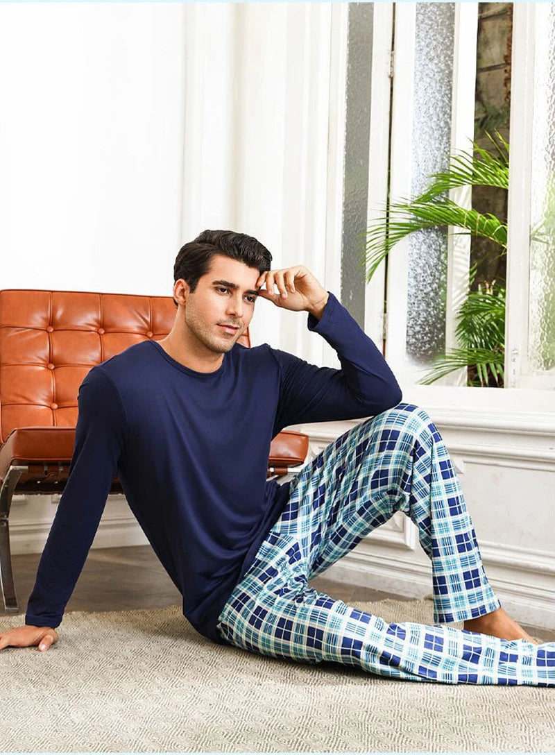 Men's Plaid Print Lounge Set Soft Long-Sleeve Round Neck Top And Pants Breathable Fabric Loose Fit Casual Homewear Loungewear