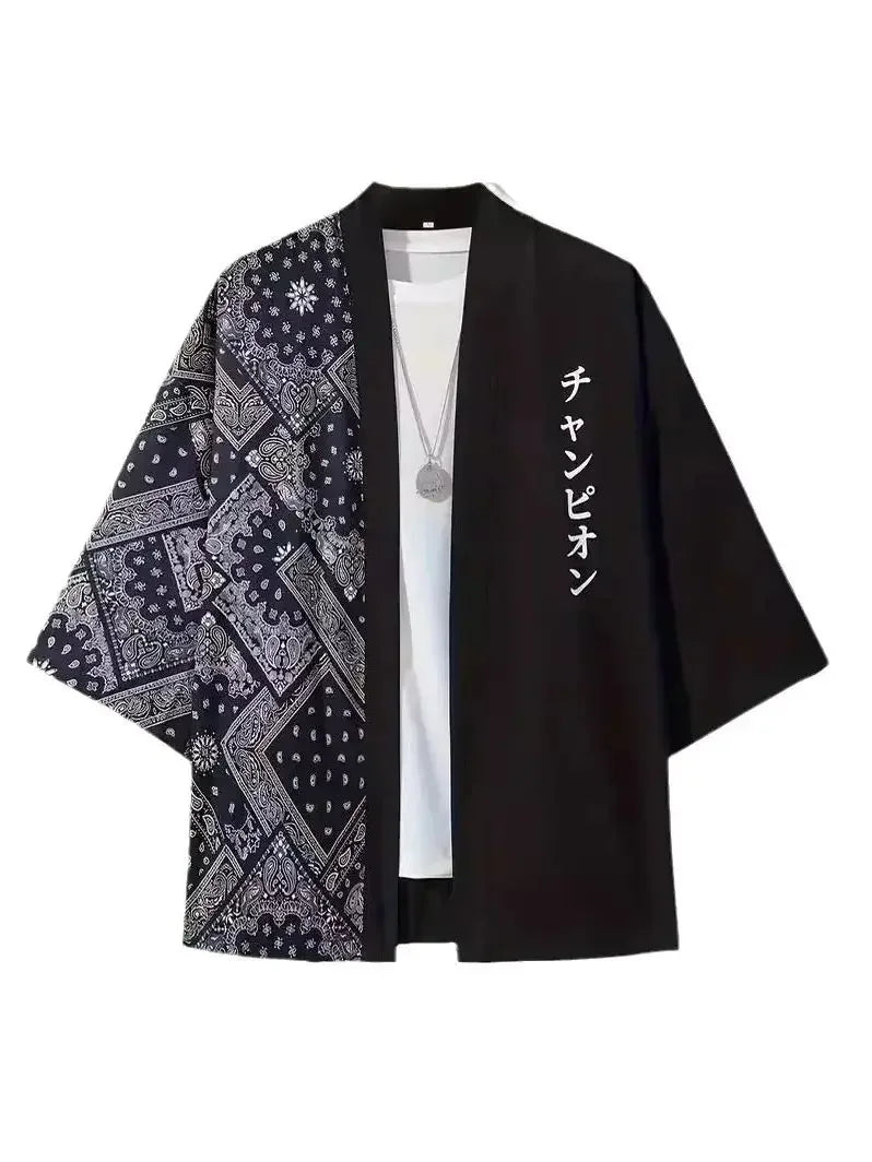 Men's Japanese Letter Print Kimono Cardigan