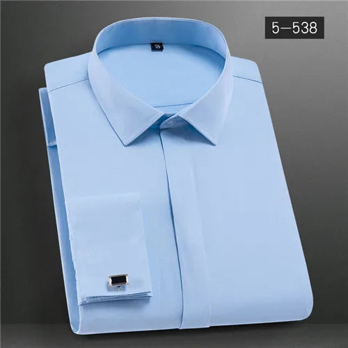 Men's Solid Long Sleeve Dress Shirt with French Cufflinks