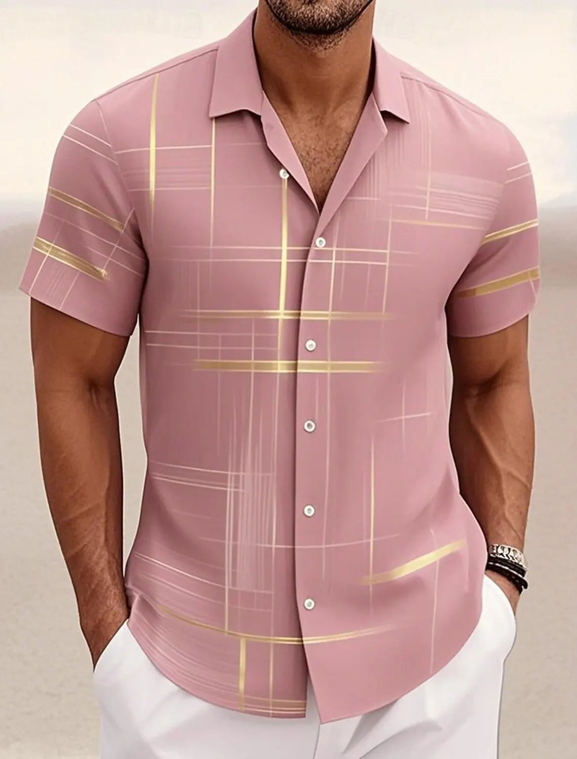 Men's Short Sleeve Geometric Plaid Hawaiian Shirt