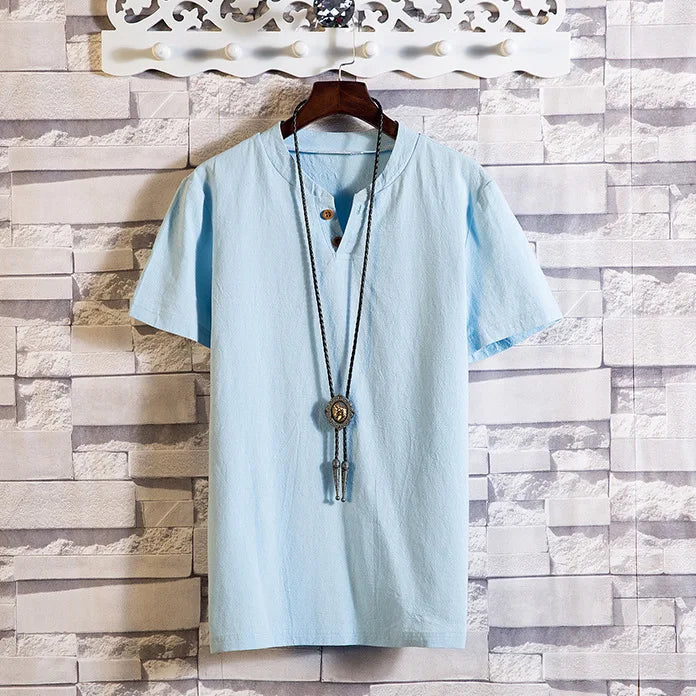 Men's Casual V Neck Short Sleeve Linen T-shirt