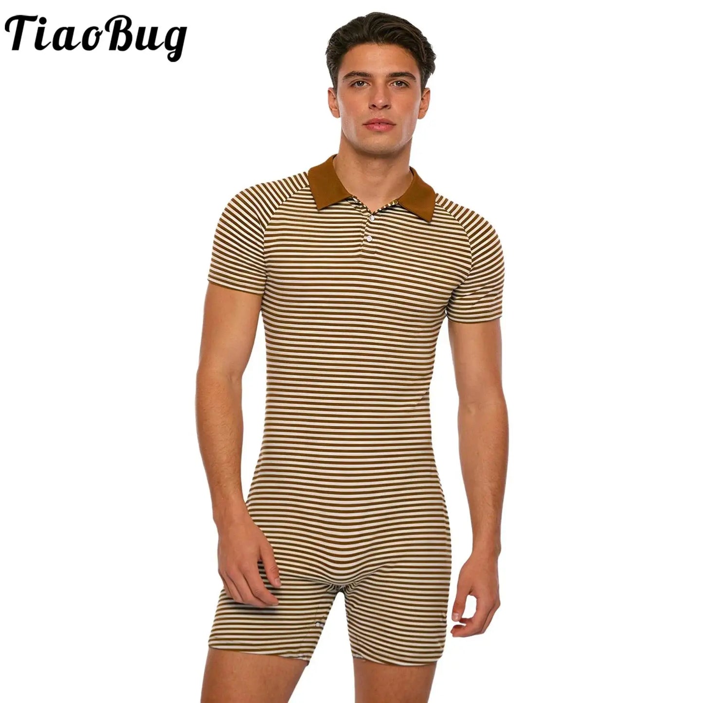 Men Short Sleeve Striped Pajamas Bodysuit Turn-down Collar Buttoned Crotch Cozy Jumpsuits Homewear Loungewear for Leisure Time