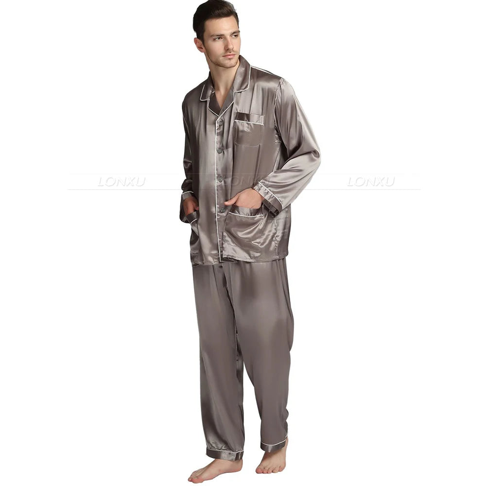 LONXU Men's Silk Satin Pajamas Set Loungewear
