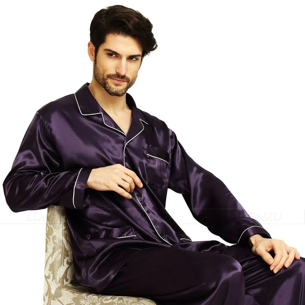 LONXU Men's Silk Satin Pajamas Set Loungewear