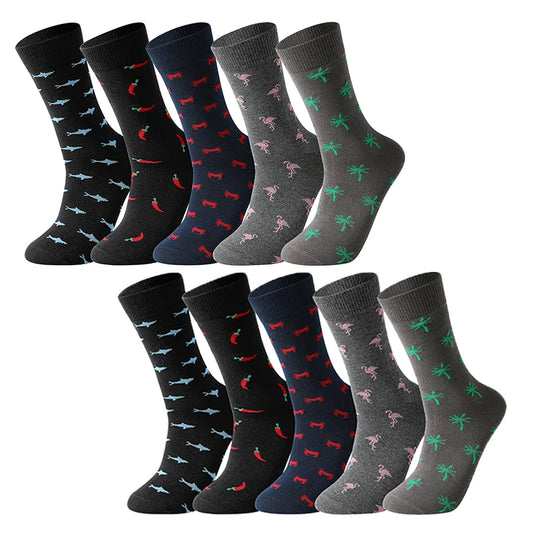 Men's Animal Print Cotton Crew Socks - 5 Pairs
